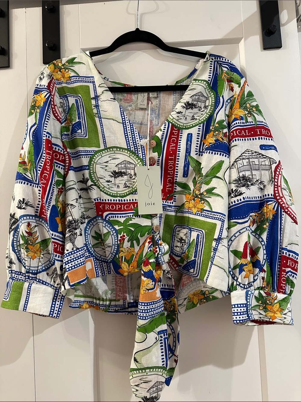 Joie White Tropical Print Tie-Front Blouse with Blue, Green & Red Accents